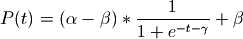 P(t) = (\alpha-\beta) * \frac{1}{1+e^{-t-\gamma}} + \beta